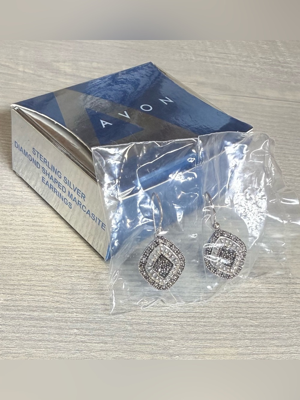 Vintage Avon Sterling Silver Diamond Shaped Marcasite Signed NIB Earrings